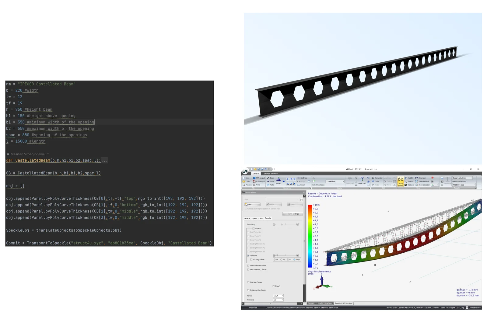 Python code for an IPE600 castellated beam, next to its 3D model and the calculated displacements in XFEM4U