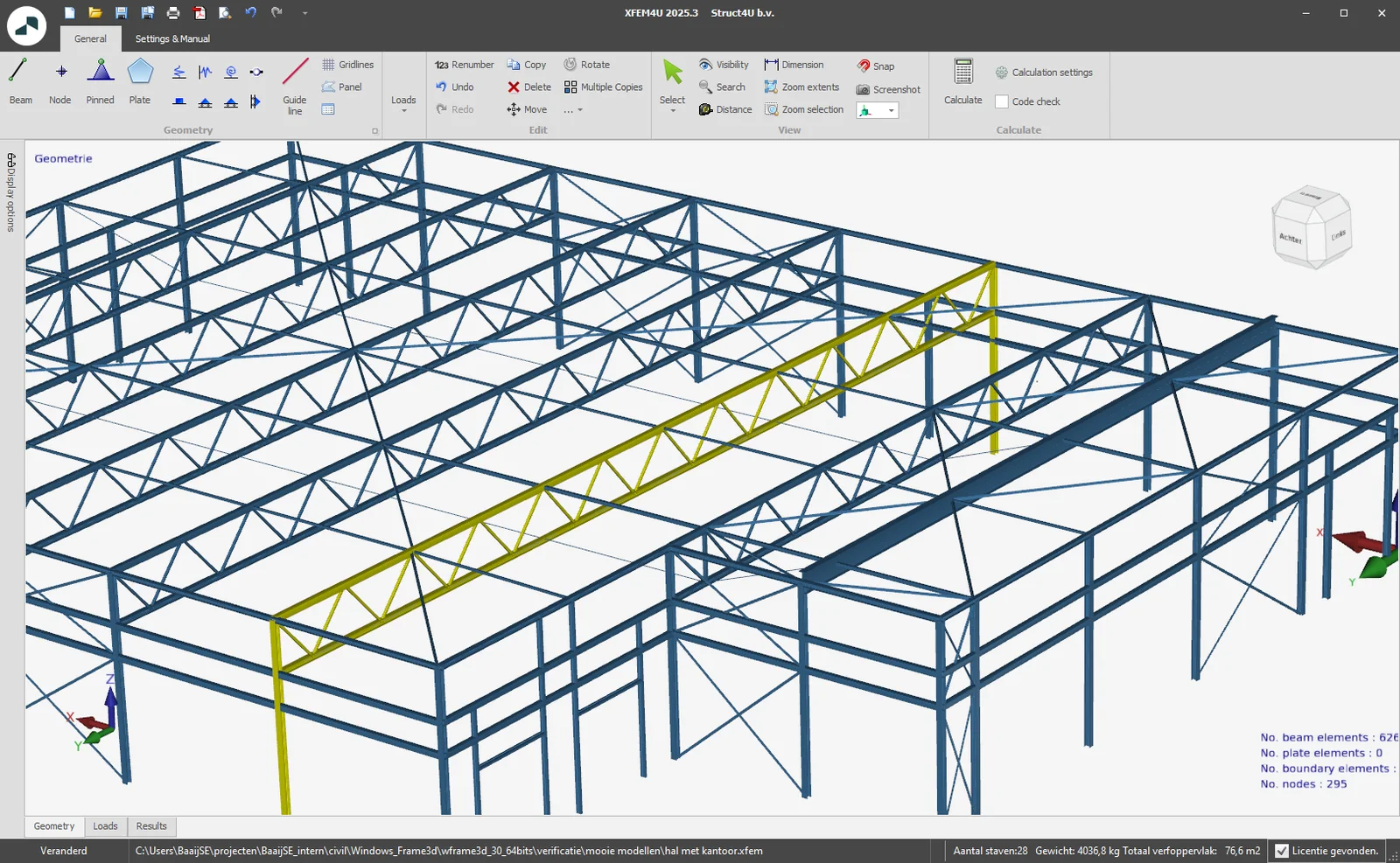 XFEM4U 2025.3: 3D steel hall with a selected truss and its columns shown in yellow, and the new Select button in the ribbon menu