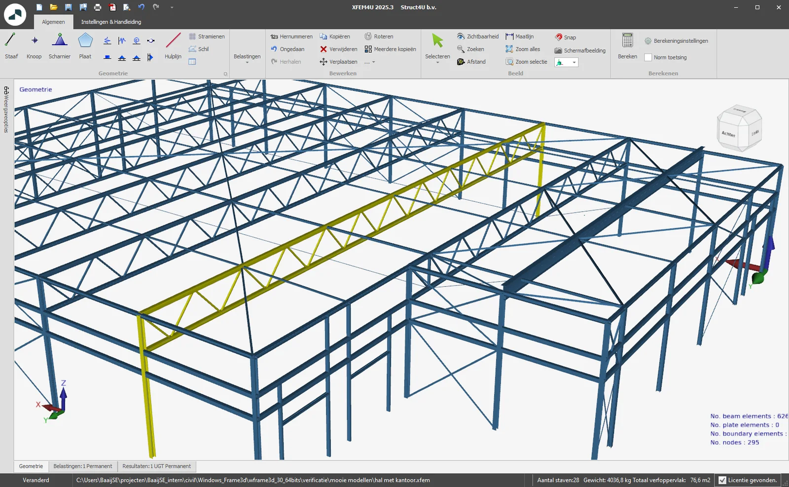 XFEM4U 2025.3: 3D stalen hal met een geselecteerde vakwerkligger en kolommen in geel, en de nieuwe knop Selecteren in het ribbon menu