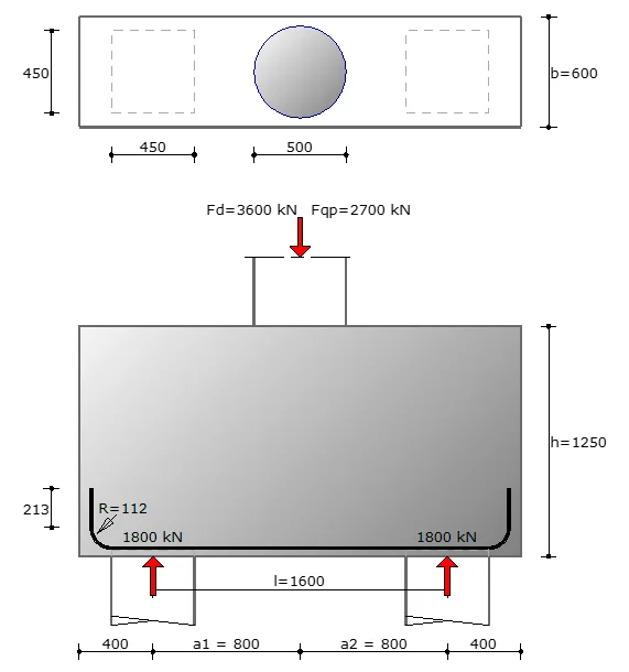 XConstruct: plan and elevation of a pile cap on 2 piles with dimensions, a column load Fd=3600 kN and pile reactions of 1800 kN