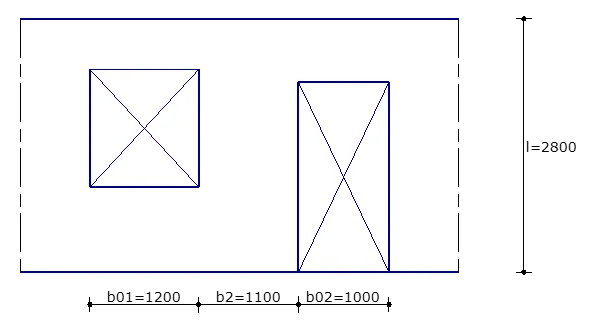 XConstruct: elevation of a cavity wall 2800 high with a window opening and a door opening and their widths