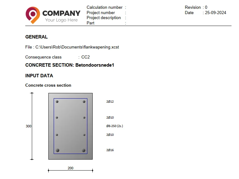 XConstruct report page with a company logo in the page header and a concrete cross section with side reinforcement