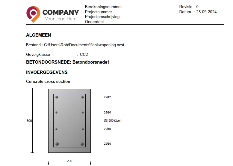 XConstruct-rapportpagina met een bedrijfslogo in de koptekst en een betondoorsnede met flankwapening