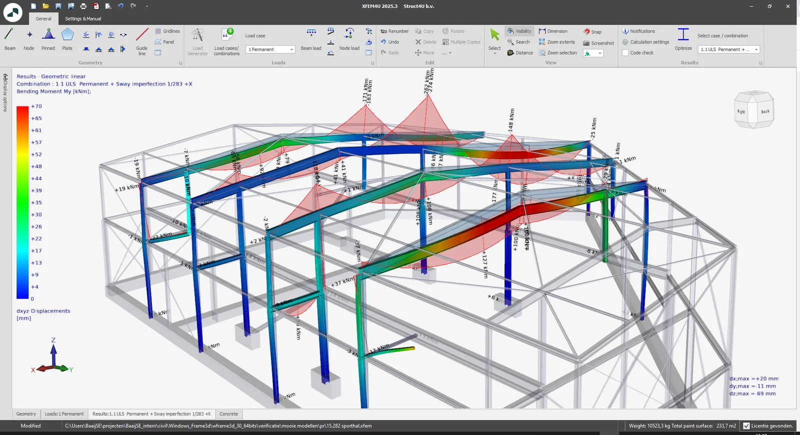 XFEM4U 2025.3: 3D steel hall with My bending moment diagrams and the displacements of the frames shown in colour