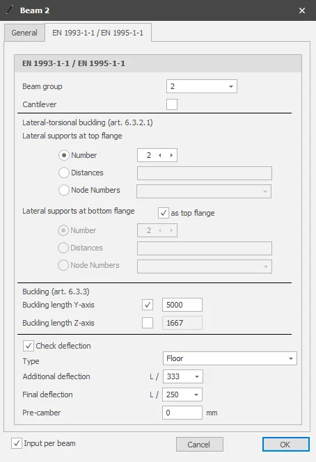 XFrame2D: beam properties dialog with the buckling length around the Y-axis switched on and set to 5000