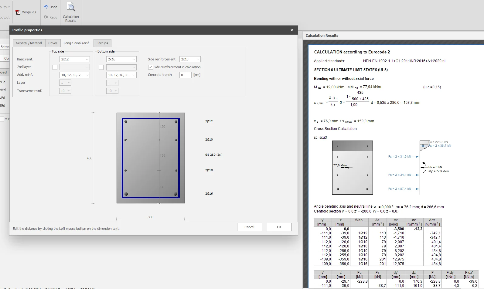 XBeam2D: section properties with side reinforcement 2x10 in a concrete section, next to the Eurocode 2 cross-section calculation