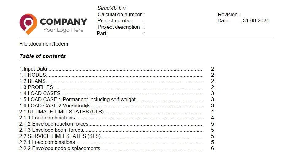 Report page header with a company logo, above the table of contents of a calculation report