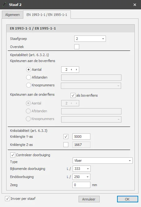 XFrame2D: staafeigenschappen met de kniklengte om de Y-as aangevinkt en ingesteld op 5000