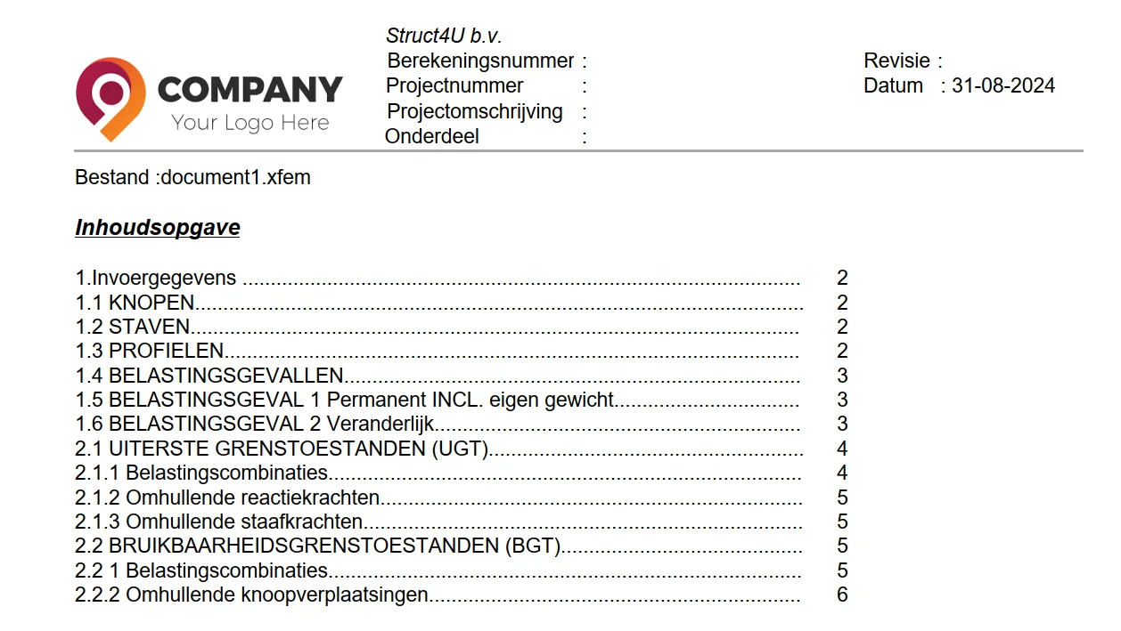 Koptekst van een rapport met een bedrijfslogo, boven de inhoudsopgave van een berekeningsrapport