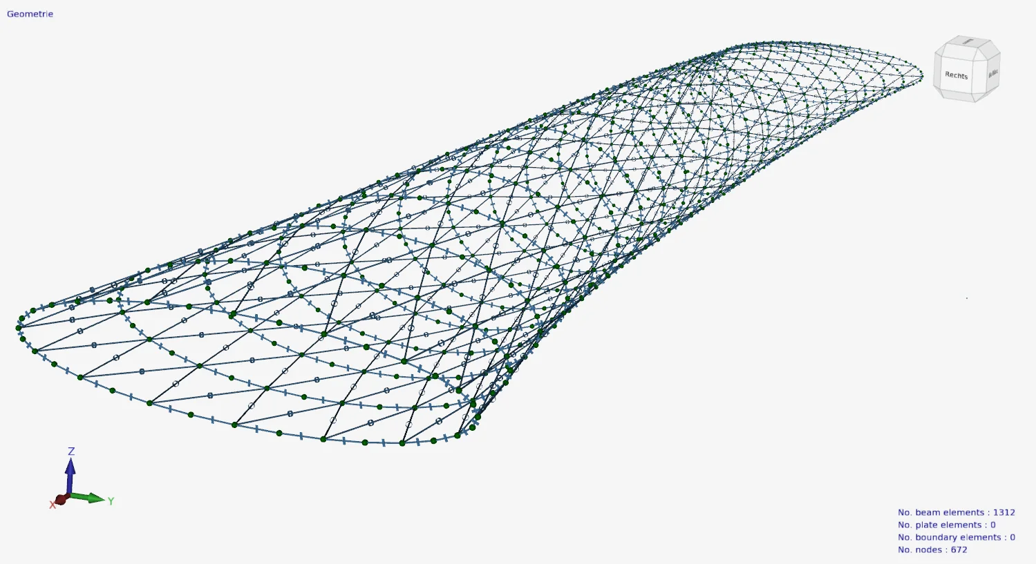XFEM4U: perspective view of the same tube-shaped lattice structure, shown as lines with nodes