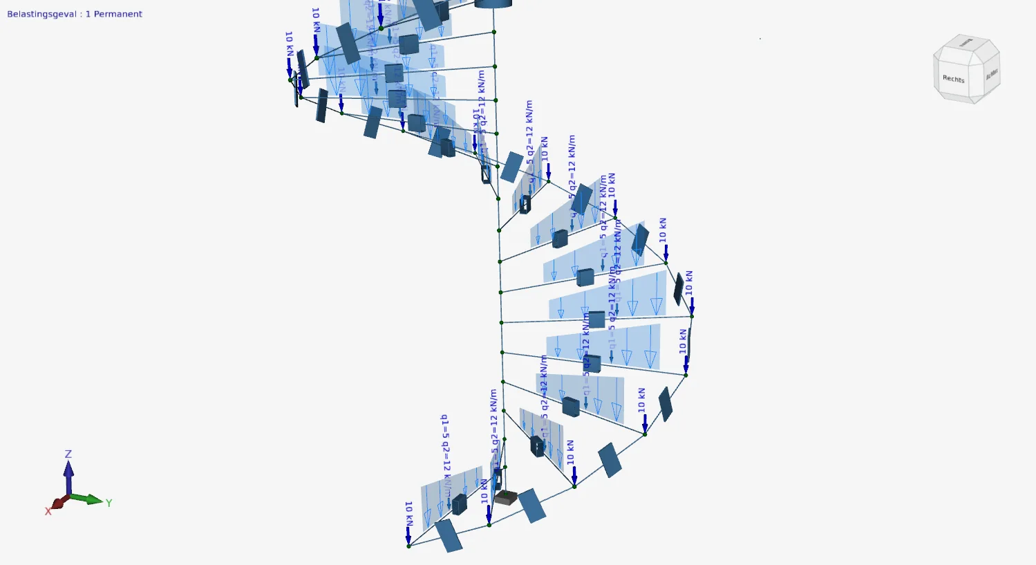 XFEM4U: line model of a spiral staircase with line loads and point loads of 10 kN in the permanent load case