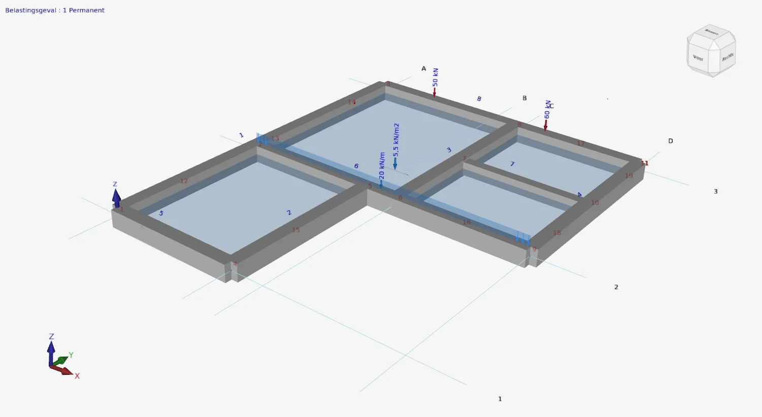 XFEM4U: grid of beams with panels, a surface load of 5,5 kN/m2, a line load of 20 kN/m and point loads