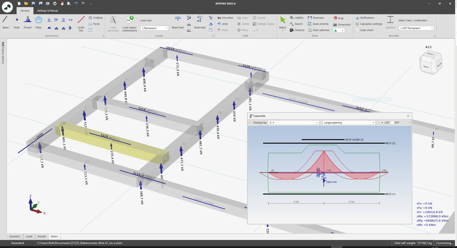 XFEM4U 2025.4: grid of foundation beams with pile reactions and the designed longitudinal reinforcement of a beam group
