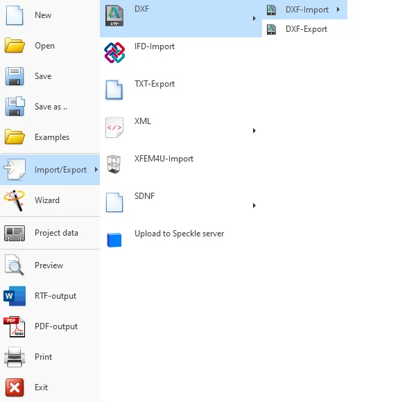 XFEM4U: file menu with Import/Export > DXF opened, showing DXF-Import and DXF-Export