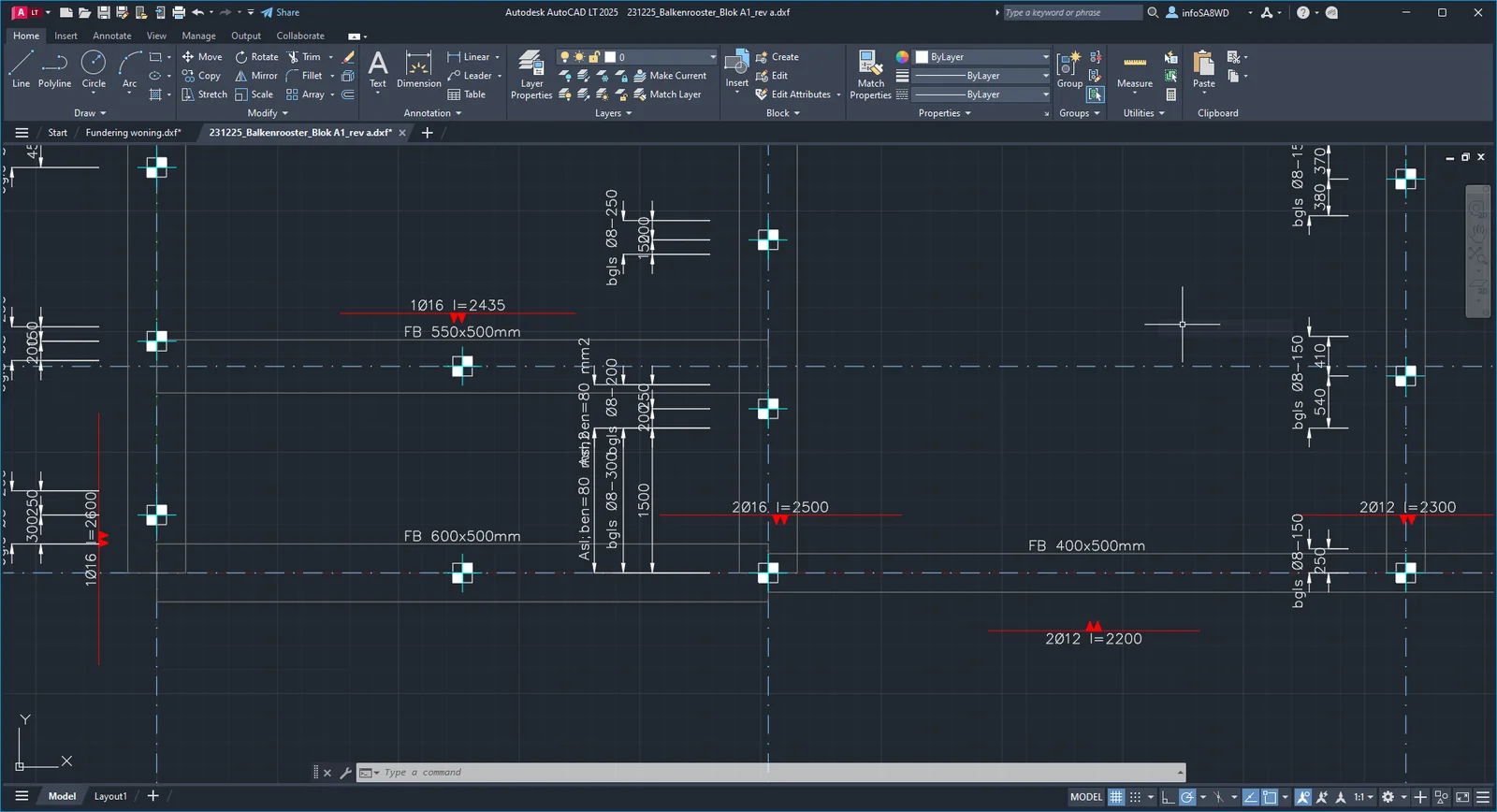 AutoCAD LT: the exported DXF file with foundation beams, pile positions, additional reinforcement and stirrups