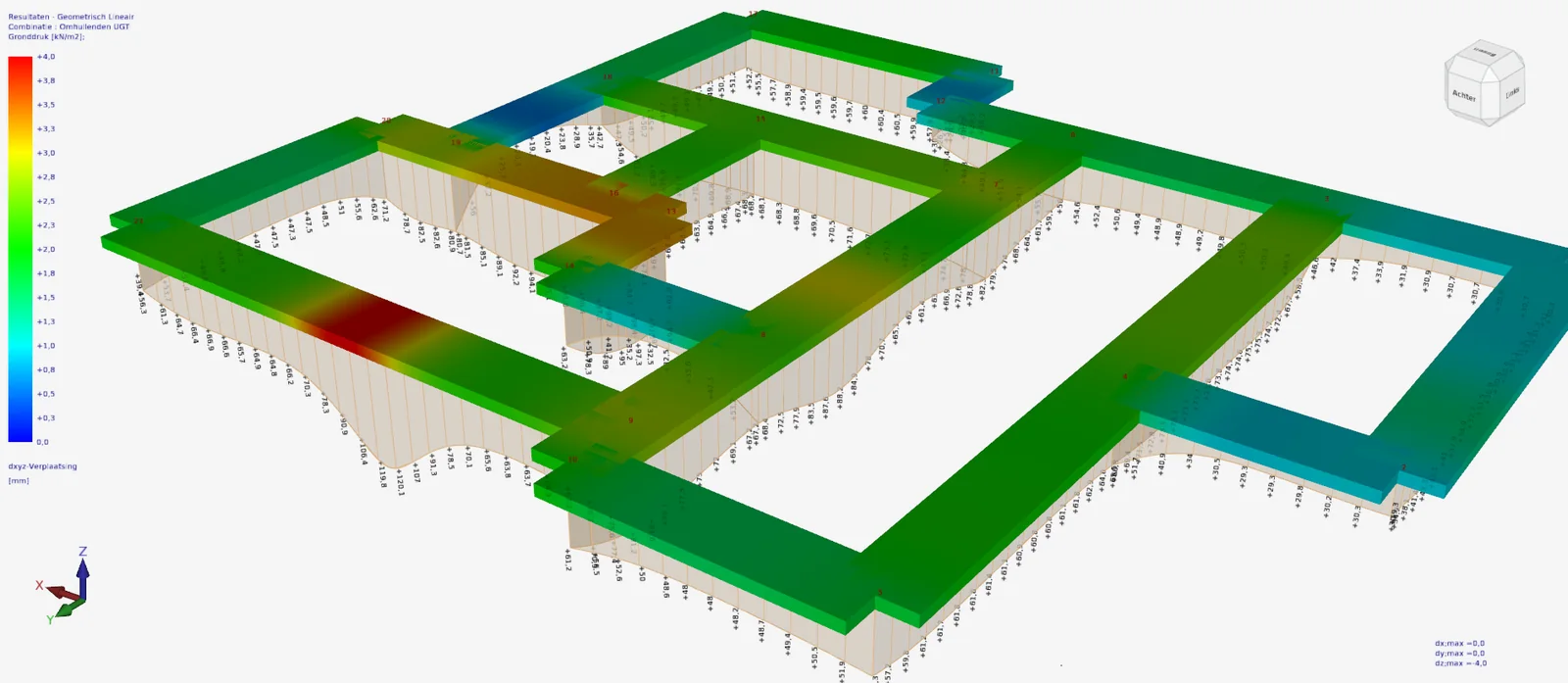 XFEM4U: envelope soil pressure in kN/m2 drawn under a grid of foundation beams on elastic foundation