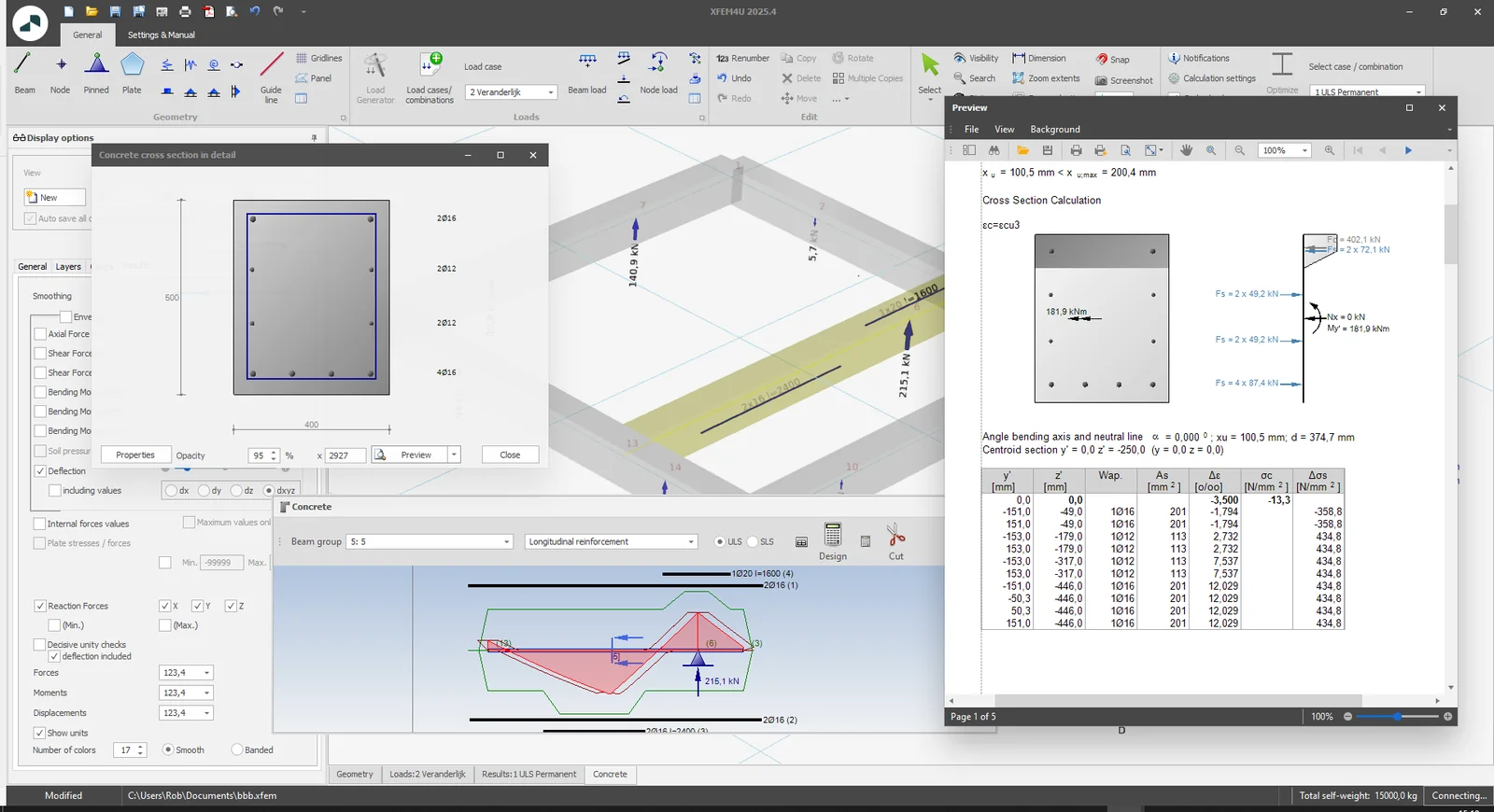 XFEM4U 2025.4: concrete cross section with side reinforcement 2Ø12, the reinforcement design of the beam and the cross-section calculation