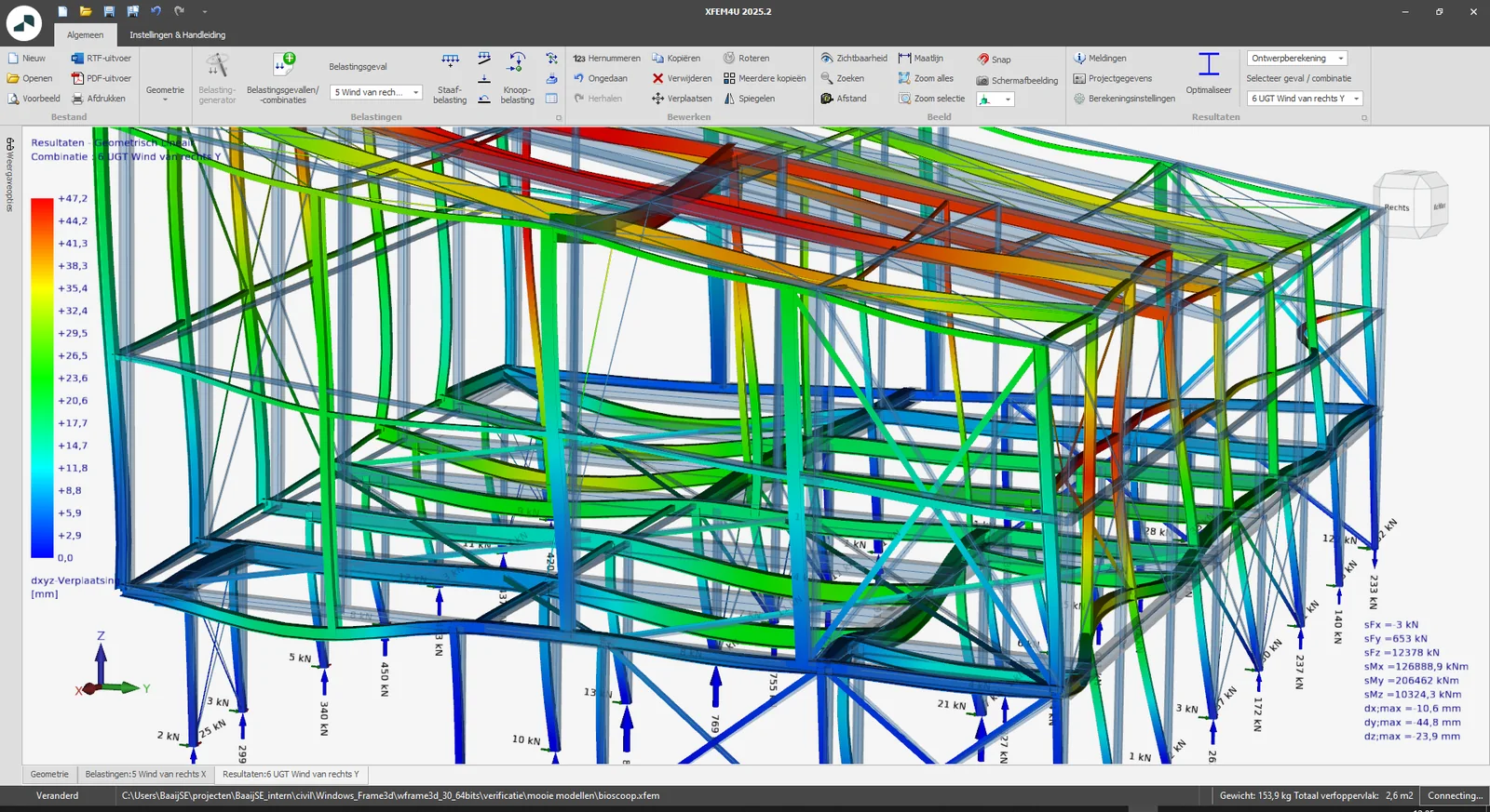 XFEM4U 2025.2: displacements of a 3D frame for the ULS combination wind from the right in Y, with reaction forces