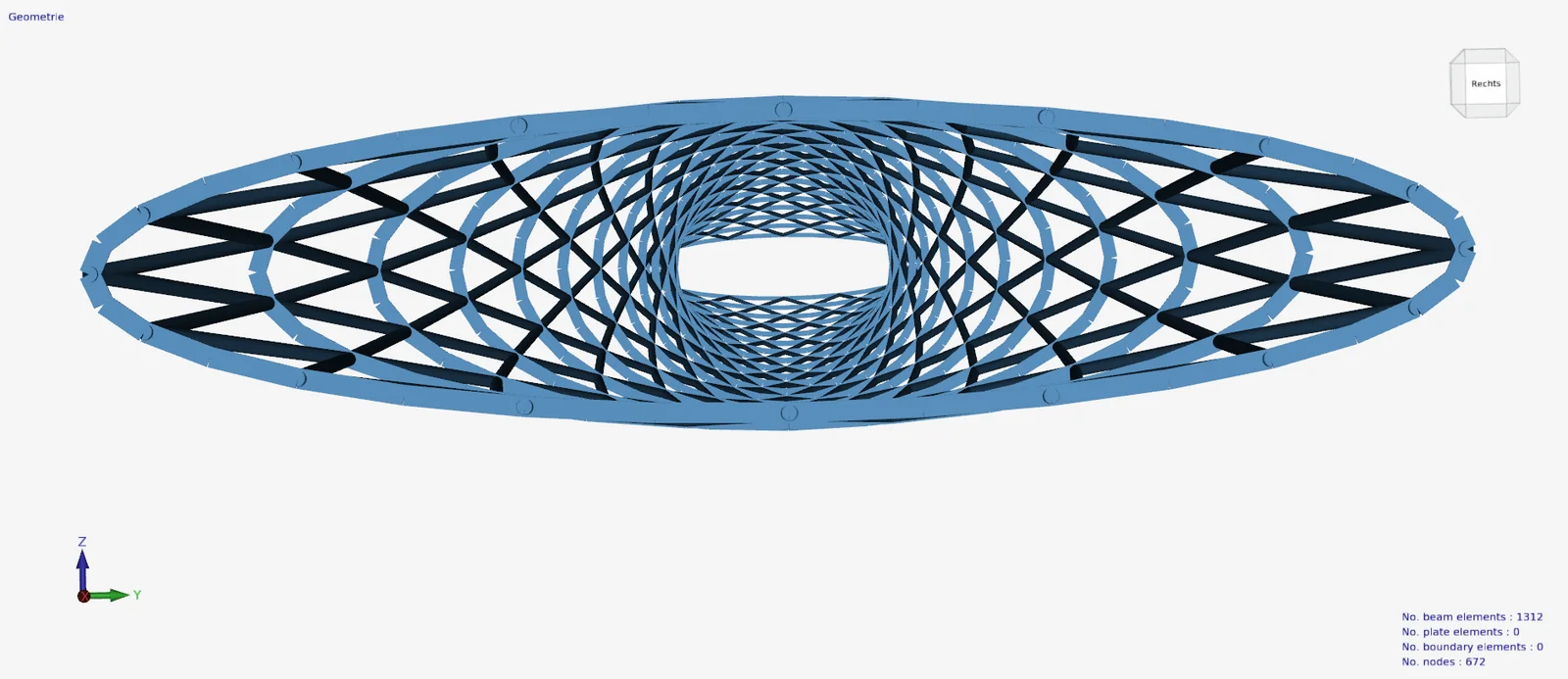 XFEM4U: view along the axis of a tube-shaped lattice structure with 1312 beam elements and 672 nodes