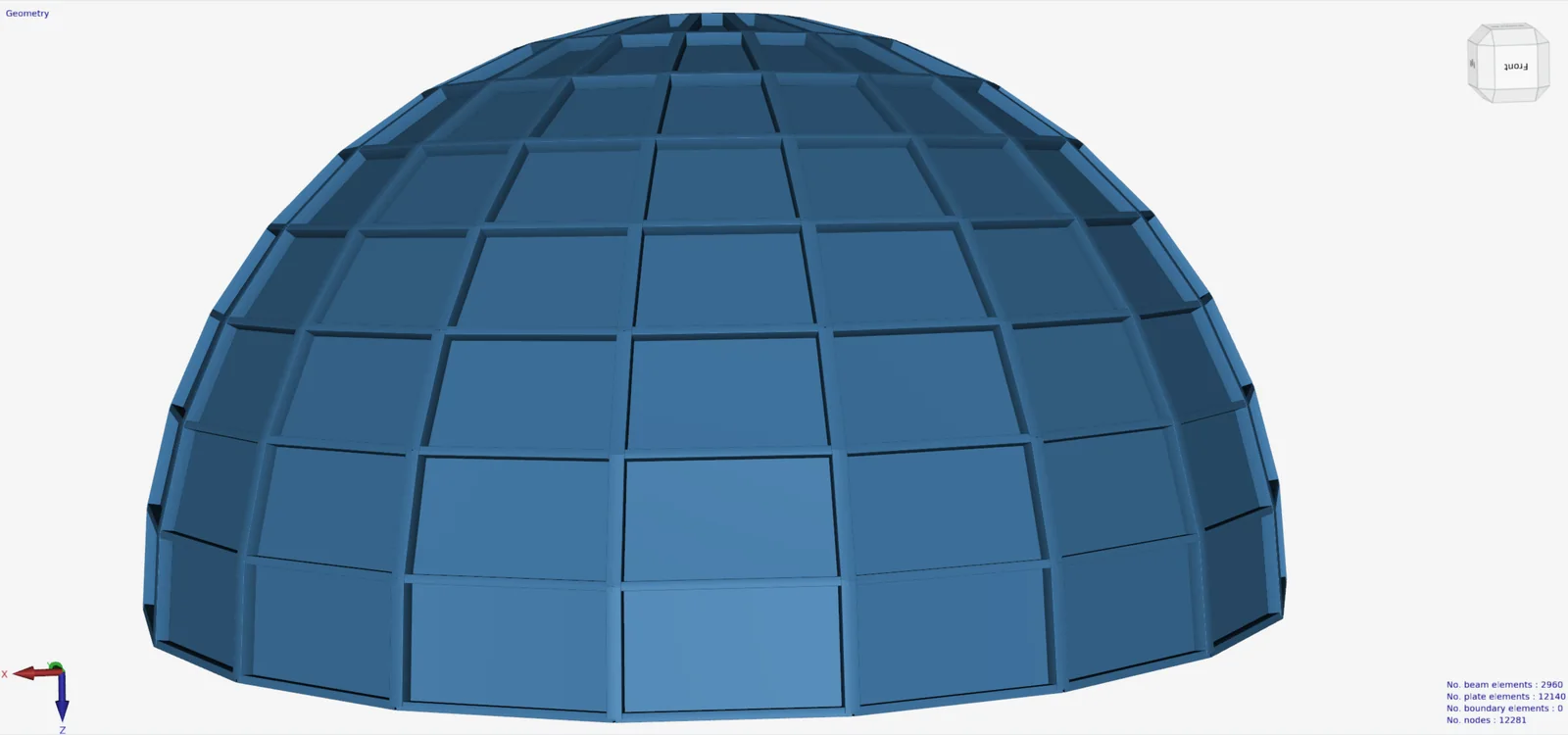XFEM4U: geometry of a dome built from beams and plates, with 2960 beam elements and 12140 plate elements
