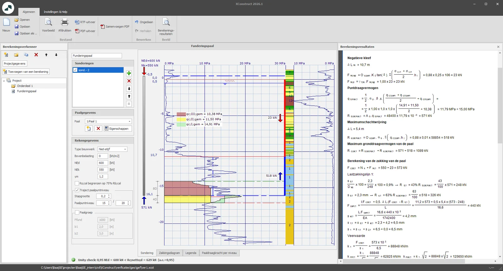 XConstruct 2026.1: module Paaldraagkracht met het sondeerdiagram, de paalgegevens en de berekeningsresultaten