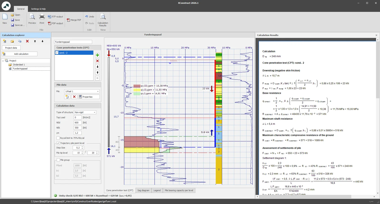 XConstruct: pile bearing capacity module with a cone penetration test, the soil layers and the calculation results