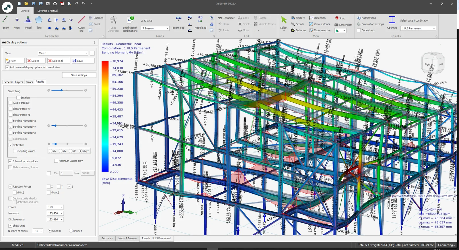 XFEM4U: 3D steel structure with the bending moments My shown in colours