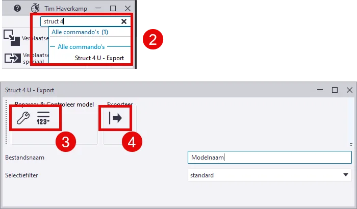 Tekla: the Struct 4 U - Export tool with steps 2, 3 and 4 marked: search the tool, check and number the model, export
