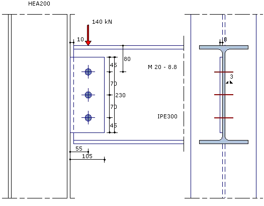 Shear connection with a fin plate: side view of the beam with three bolts and cross-section