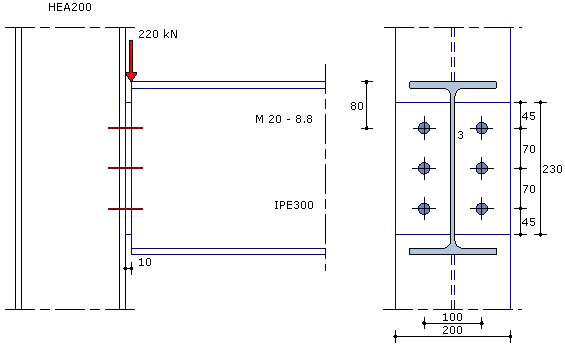 Shear connection with an end plate: side view of the beam and cross-section with six bolts