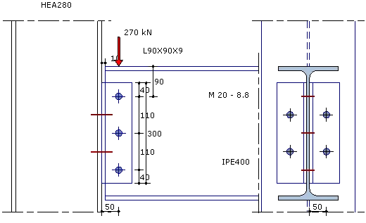 Shear connection with angle steel: side view of the beam and cross-section with the bolts in the angles