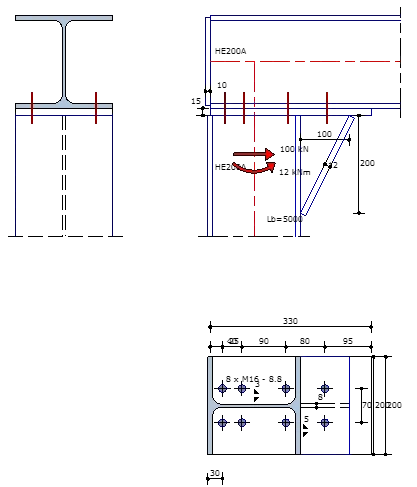 Moment connection with a horizontal beam resting on the column: cross-section, side view and plan of the bolts