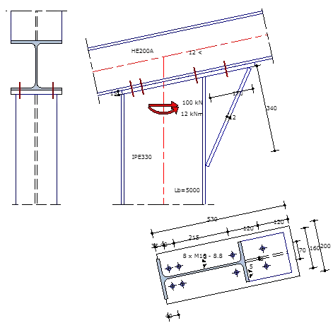 Moment connection with a sloping beam resting on the column: cross-section, side view and plan of the bolts