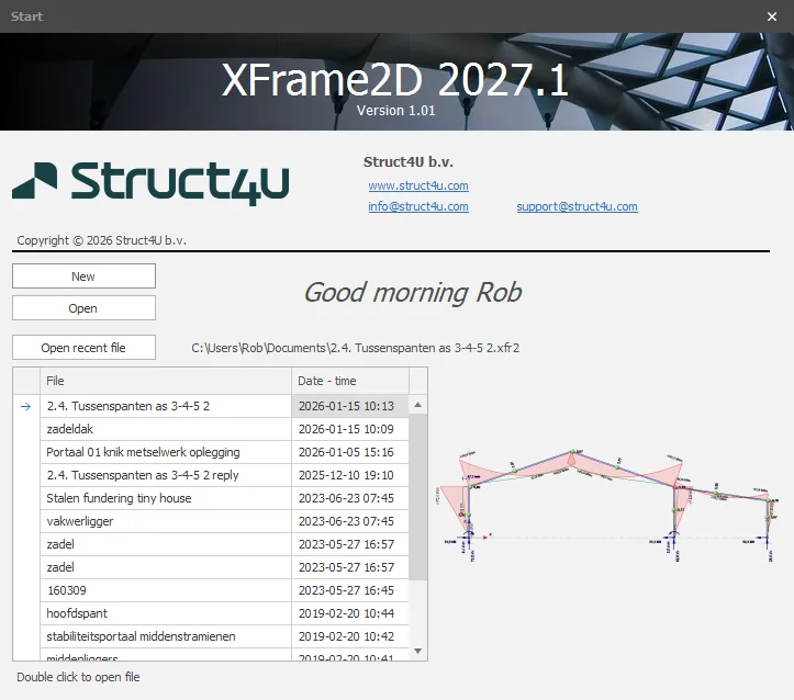XFrame2D 2027.1: startup dialog box with a table of recent files and a preview of the selected model