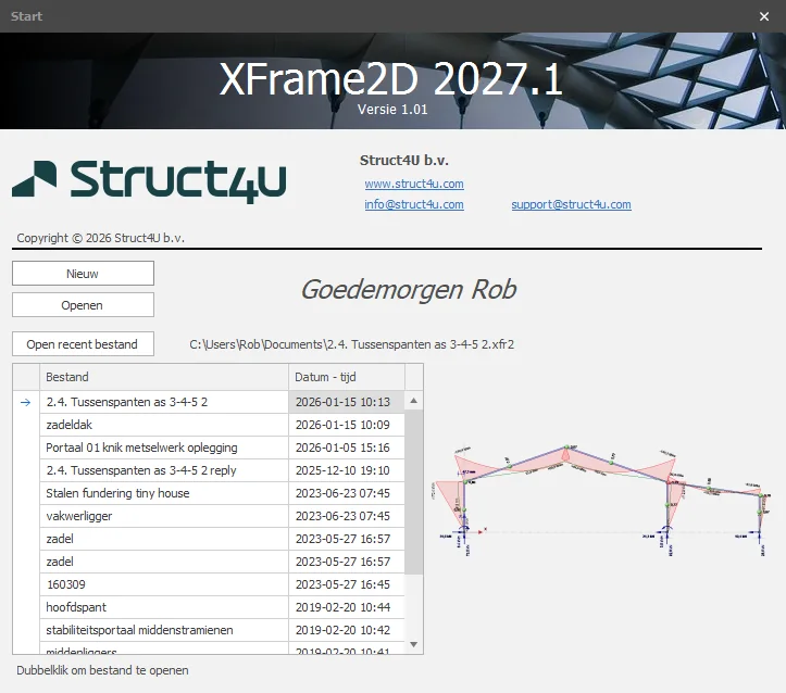 XFrame2D 2027.1: opstart dialoogvenster met een tabel van recente bestanden en een afbeelding van het geselecteerde model