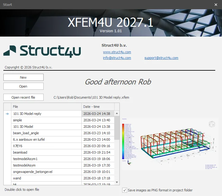 XFEM4U: startup dialog box with a table of recent files and a preview of the selected 3D model
