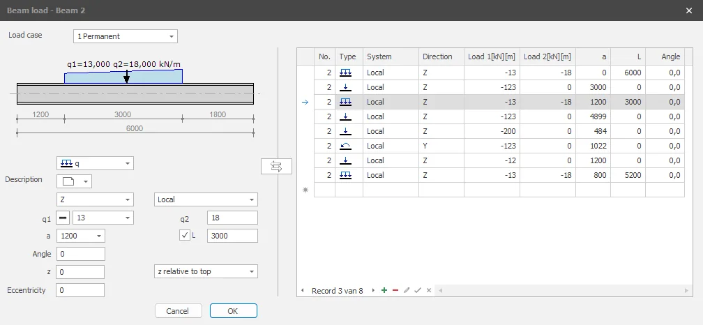 XFEM4U: beam load dialog box with on the right-hand side the table listing all loads on the beam