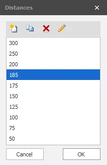 Dialog box Distances with the list of stirrup distances, including a value of 185 added by the user