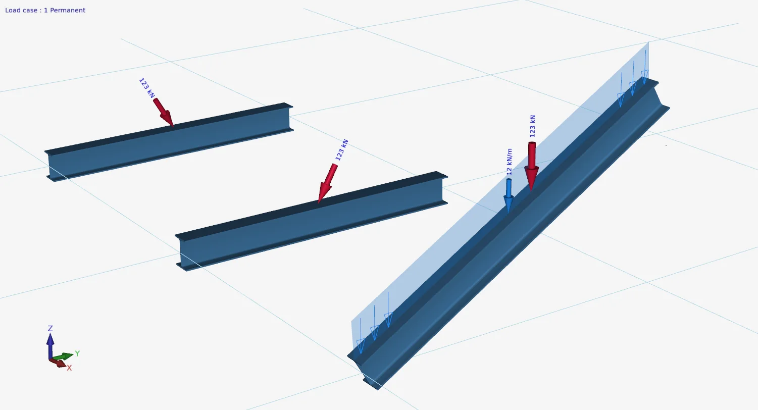 XFEM4U: 3D view of three beams with point loads at an angle and a distributed load