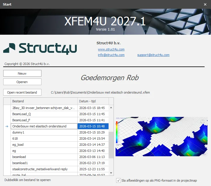 XFEM4U: opstart dialoogvenster met een tabel van recente bestanden en een afbeelding van het geselecteerde model