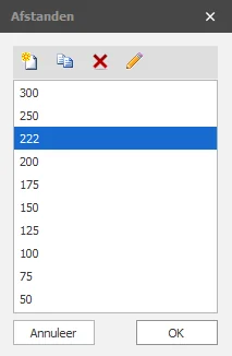 Dialoogvenster Afstanden met de lijst van beugelafstanden, met een door de gebruiker toegevoegde waarde van 222