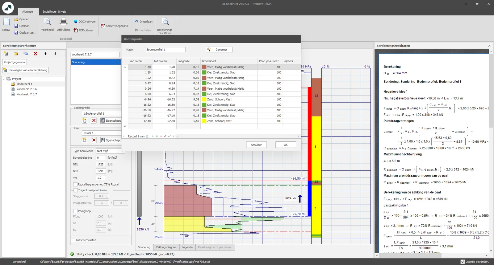 XConstruct: Foundation pile module with the soil profile dialog box listing the soil layers per level