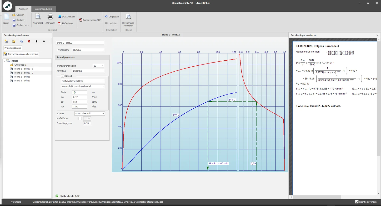 XConstruct: Fire resistance module with the temperature-time curves of a clad HE400A section and the calculation results