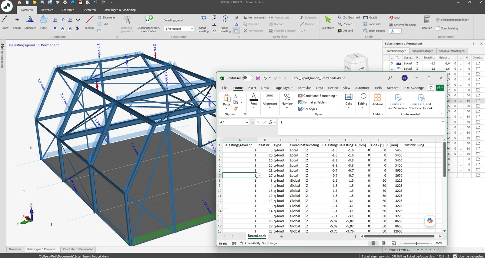 XFEM4U: 3D model with beam loads next to an Excel sheet with the exported beam loads