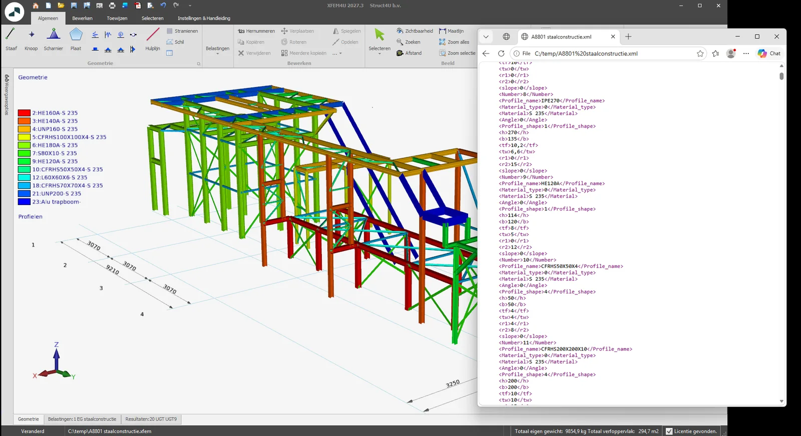 XFEM4U: 3D steel structure coloured by section next to the exported XML file opened in a browser