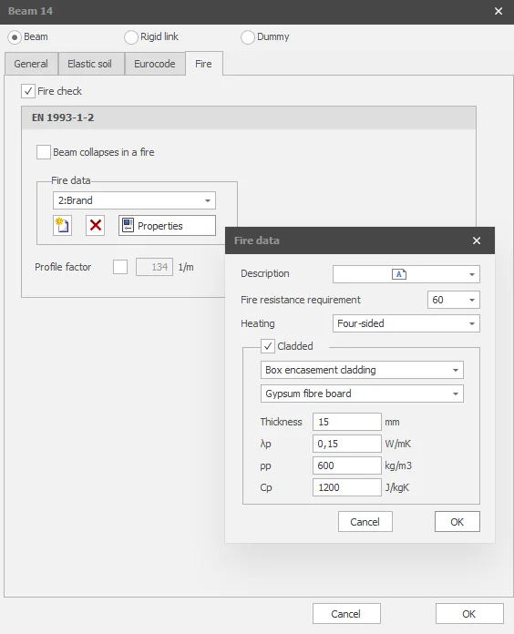 XFEM4U: Fire tab of a beam with the Fire data dialog for a box encasement cladding of gypsum fibre board