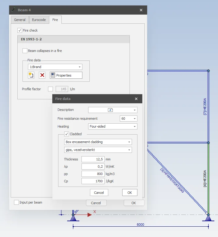 XFrame2D: Fire tab of a beam with the Fire data dialog for a box encasement cladding, with a frame in the background