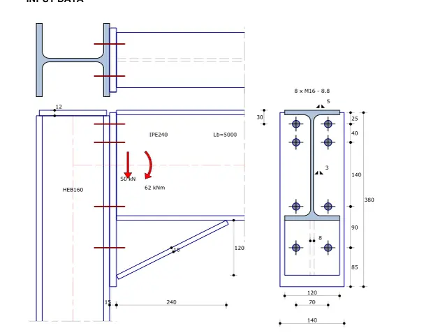 Page 1 of the English report: elevation and section of the connection with the bolt layout.