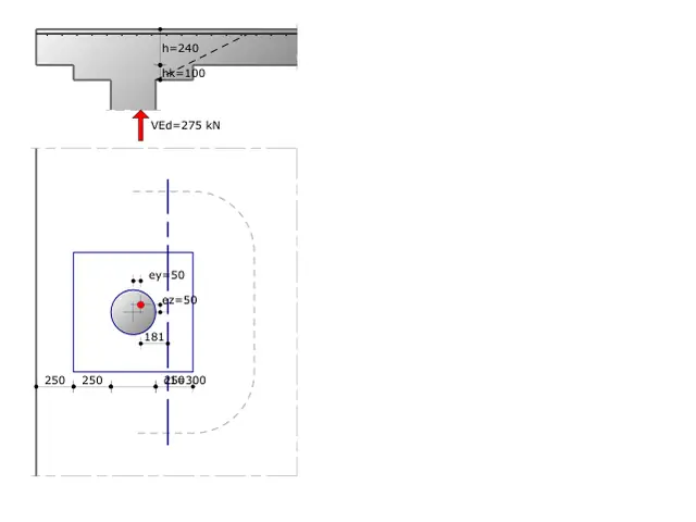 Page 1 of the English report: section and plan of the slab and column head with the control perimeter.