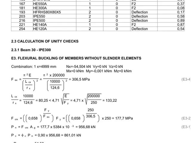 Page 52 of the English report: flexural buckling check E3 of beam 30, an IPE 300, with the values filled in.